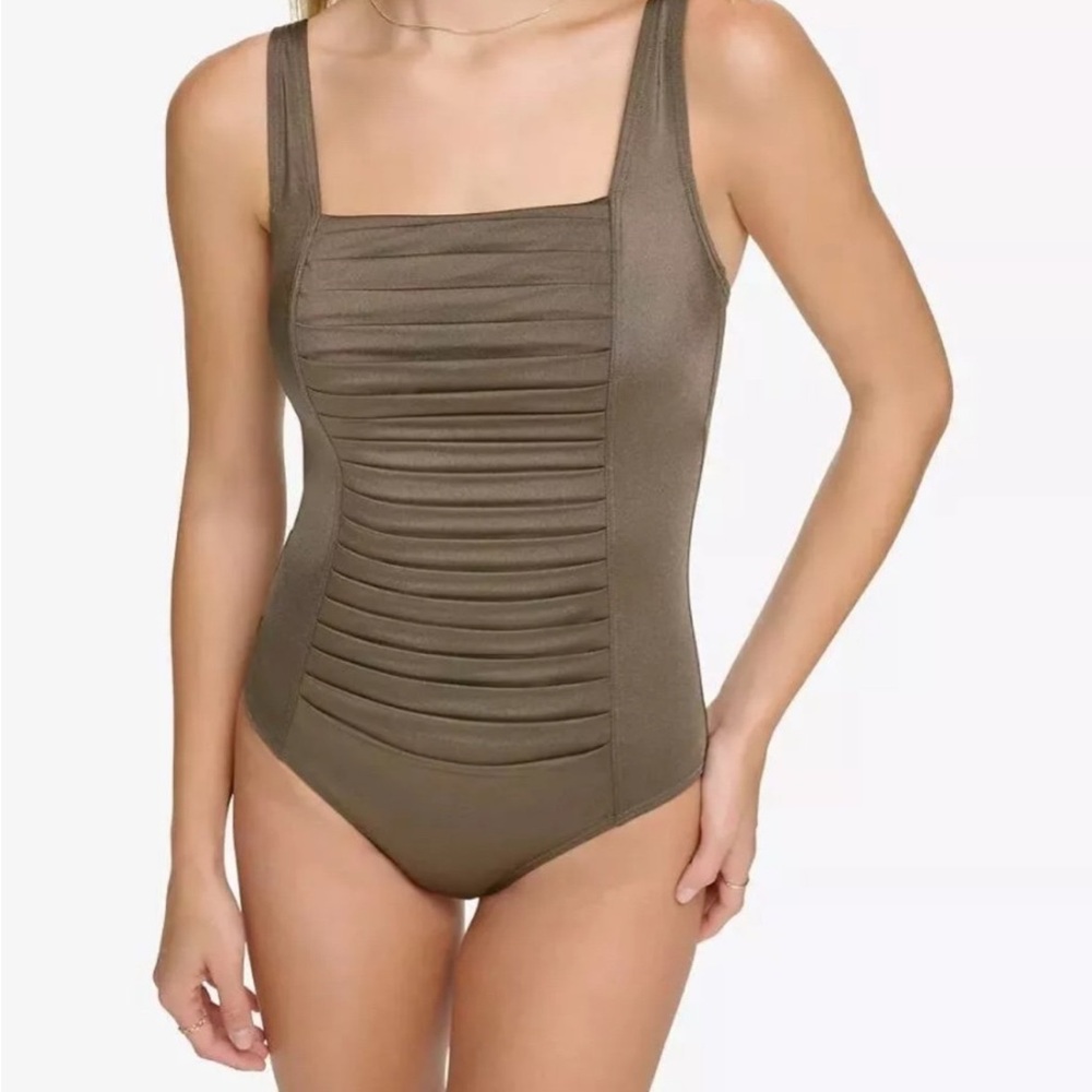 Calvin Klein Ruched Front Metallic Sheen One Piece Swimsuit Size 16